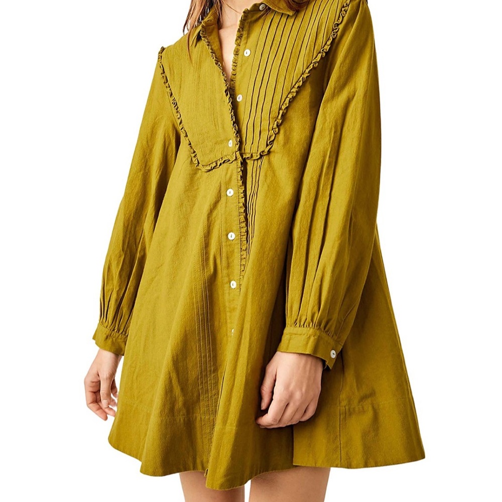 Free People Olive Green Button-Front Babydoll Dress